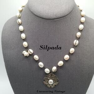 Silpada Sterling Silver Pendant Rhyannon Pearl Necklace,  Silk Cord, 17 Inch